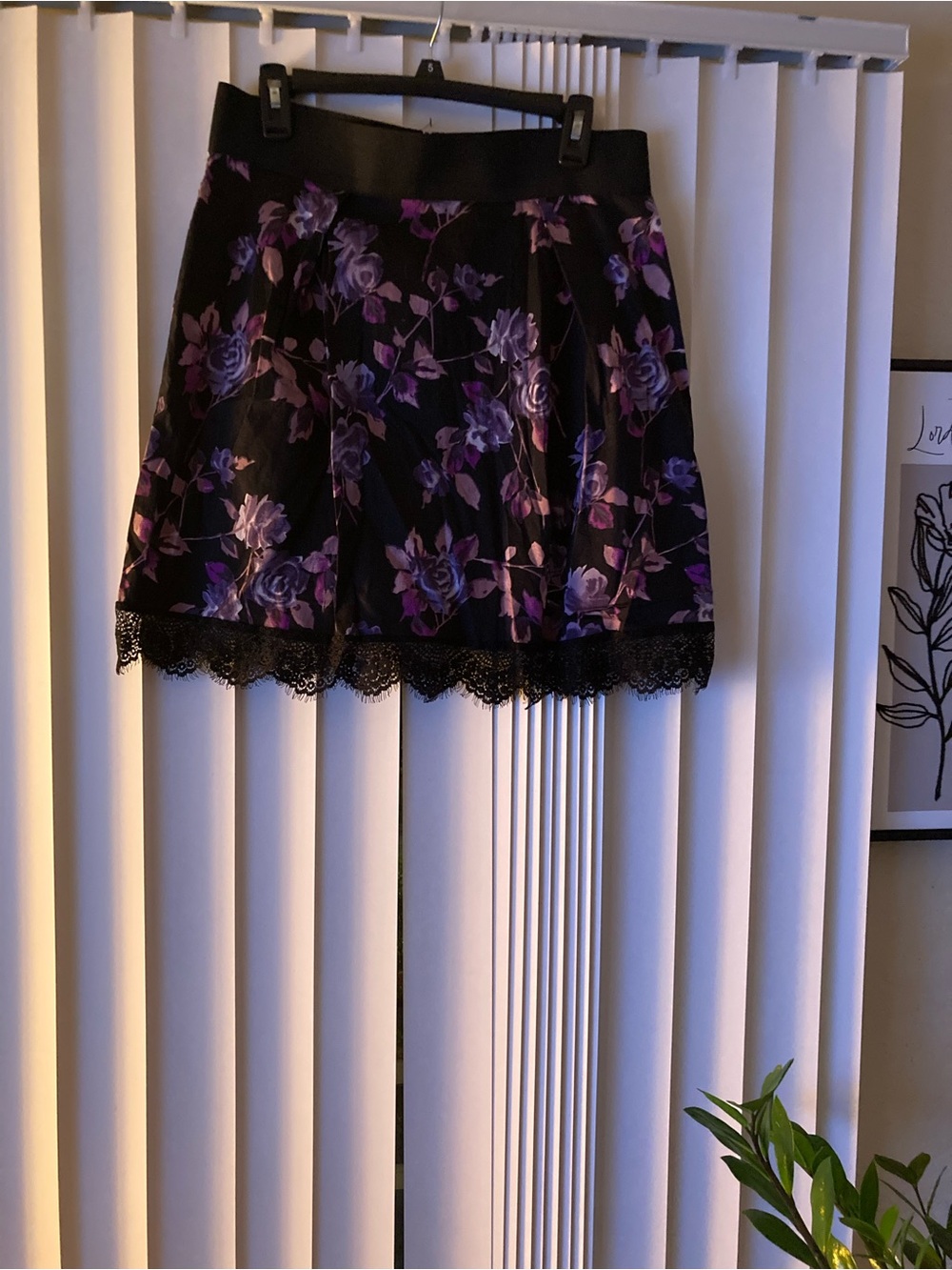 Elle Black Skater Skirt with Purple Floral Print and Lace Trim